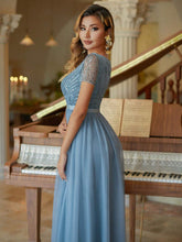Tulle Column Prom Dress Beaded Short Sleeves Bridesmaid Dress